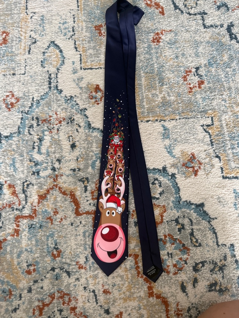 Mens Navy Christmas Reindeer Tie with Red Nose